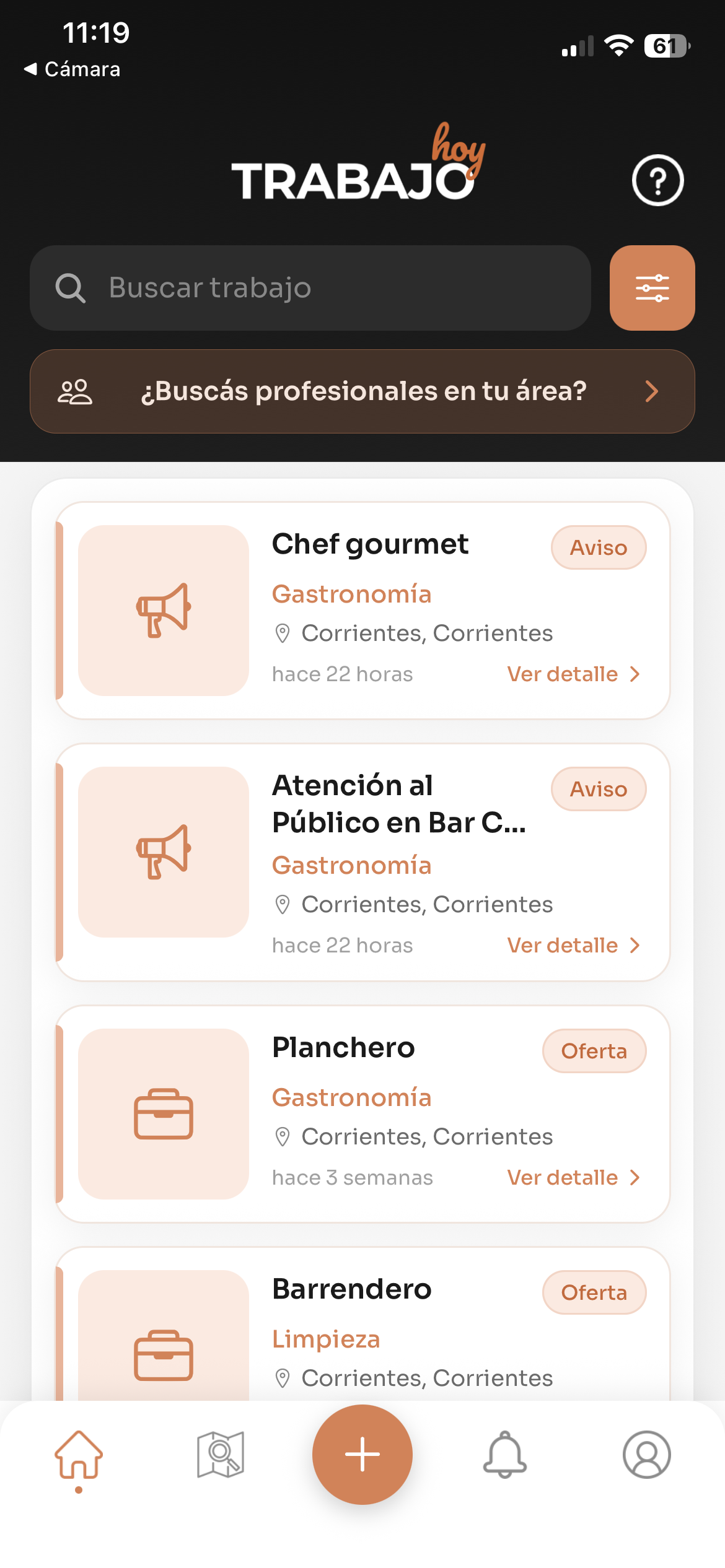 Inicio con listado de ofertas y avisos de trabajo